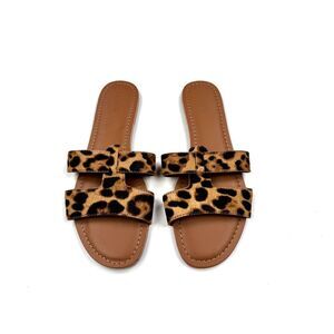 J‎ Crew Leopard Flip Flops Women 9 EUC Calf Hair Leather Flats Slip on Sandals